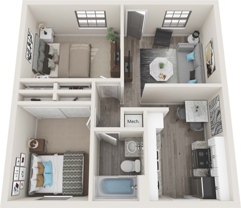 A diagram of a small apartment with a kitchen, living room, and bathroom.